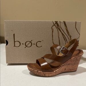b.o.c. Brown Leather Wedge Sandals with Cork Heel